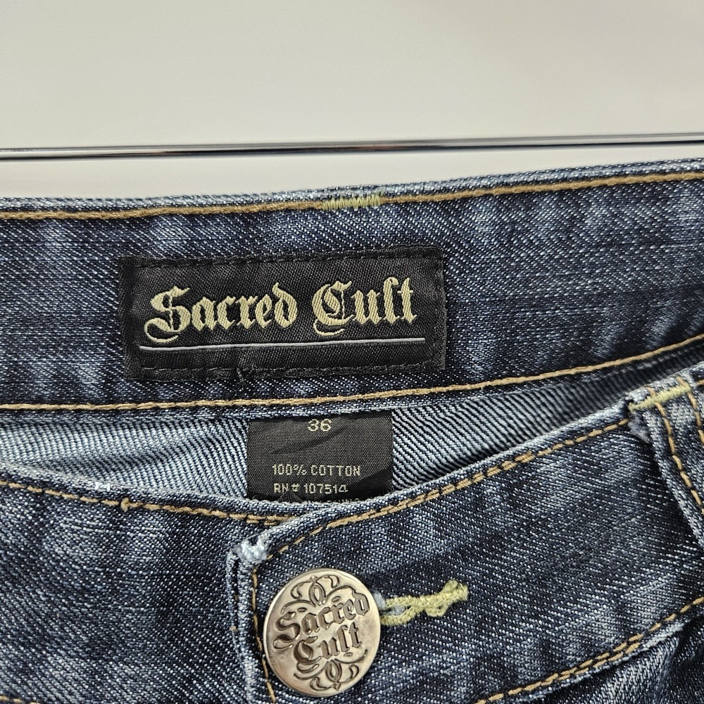 Sacred Cult Jeans Mens 36x34 Dark Wash Straight Flap Pocket Y2K Distressed - Picture 3 of 12